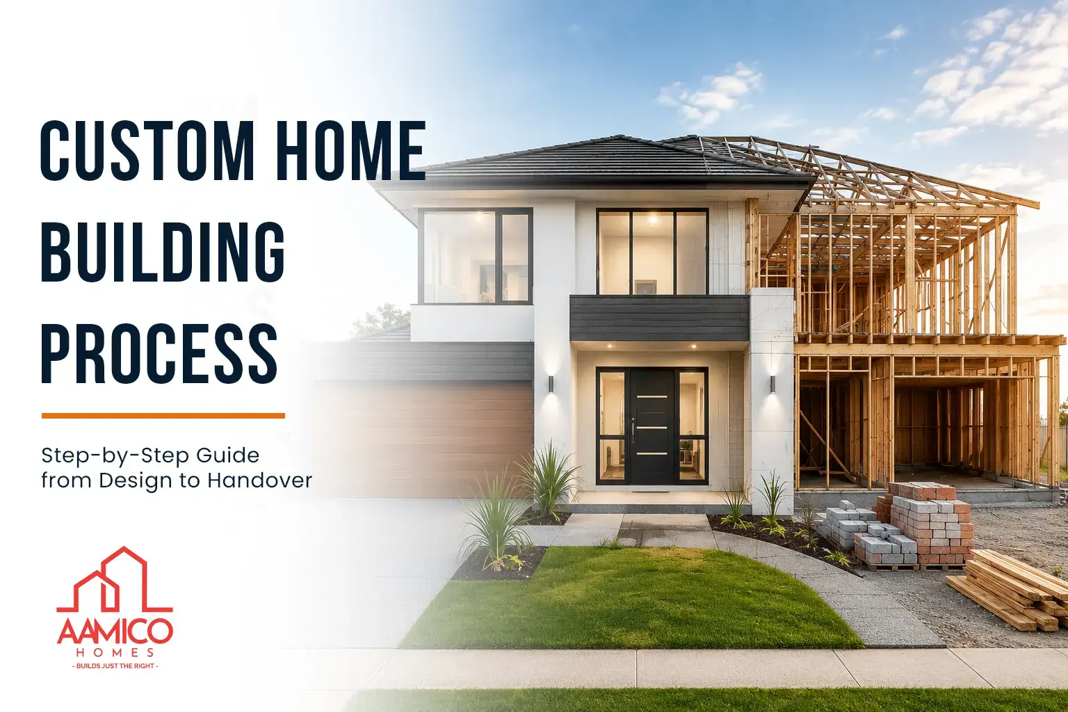 Custom Home Building Process from design to handover featuring a completed modern home alongside a house under construction.