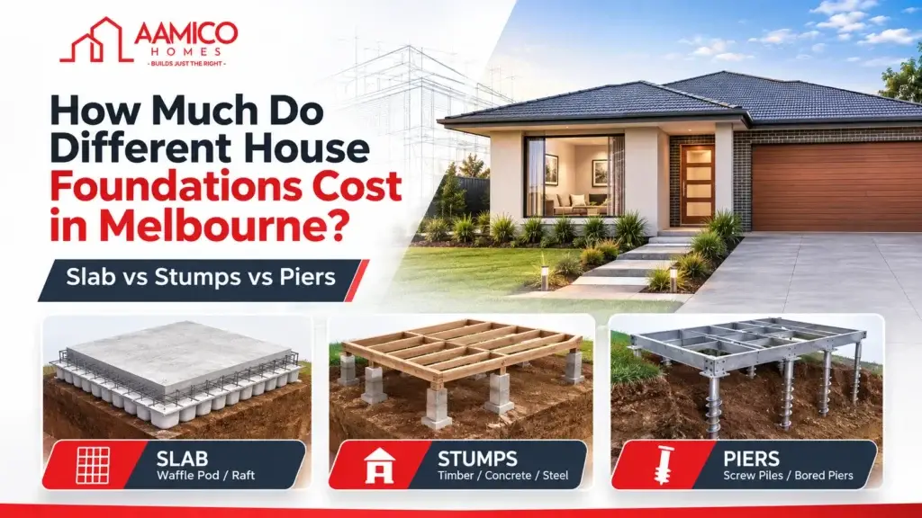 Infographic comparing house foundation costs in Melbourne, featuring slab, stumps, and piers with a modern home and AAMICO Homes branding.