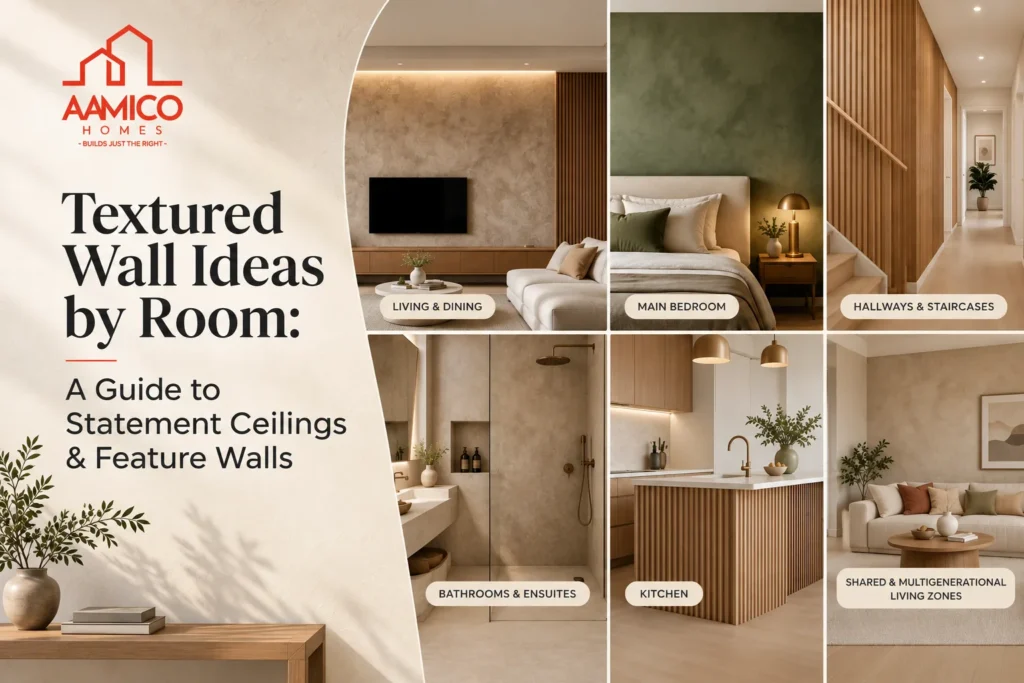 Textured wall ideas for different rooms by Aamico Homes.